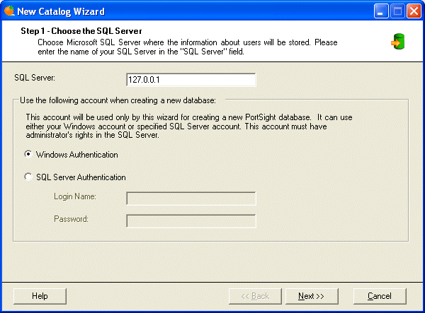 New Catalog Wizard - Step 1 - choose the SQL Server.