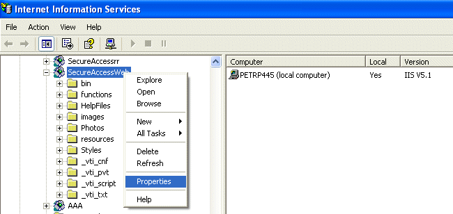 Viewing properties of the virtual directory under IIS console.