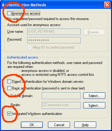 Viewing authentication settings of the virtual directory.